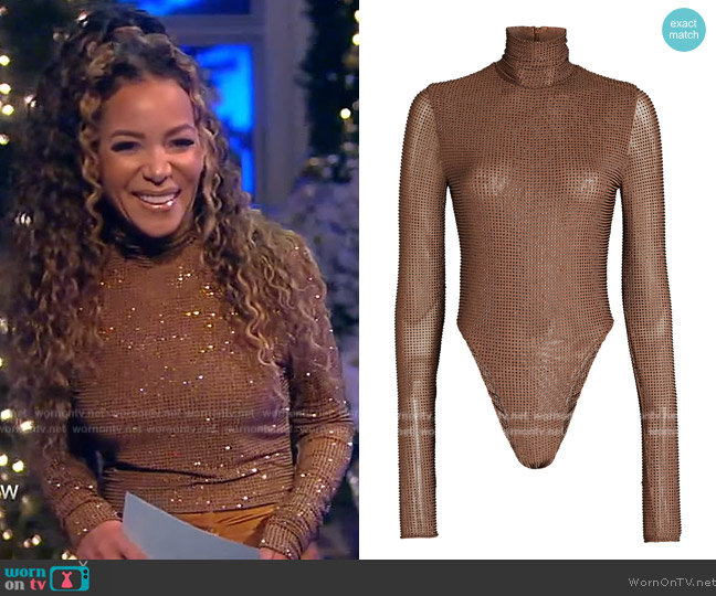 LaQuan Smith Crystal-embellished stretch-tulle turtleneck bodysuit worn by Sunny Hostin on The View