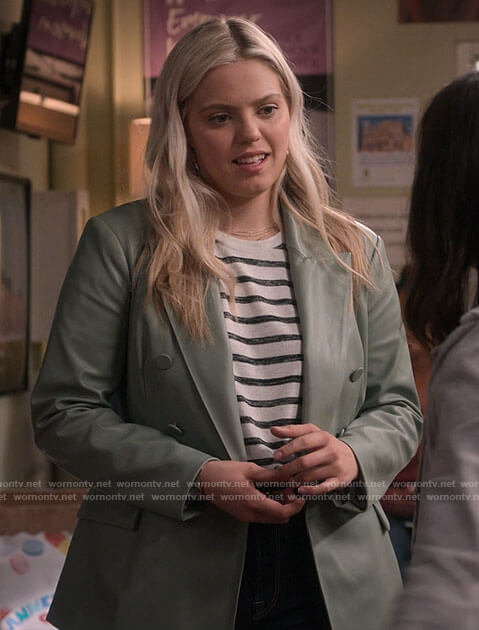 Leighton’s sage green leather blazer and striped t-shirt on The Sex Lives of College Girls