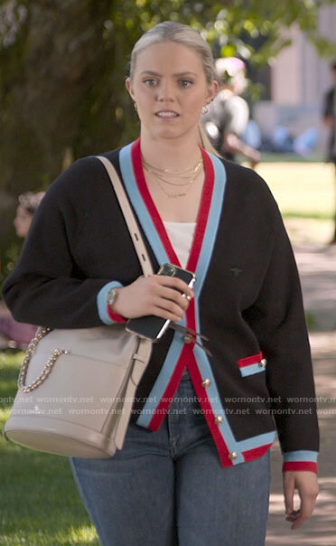 Leighton’s striped trim cardigan on The Sex Lives of College Girls