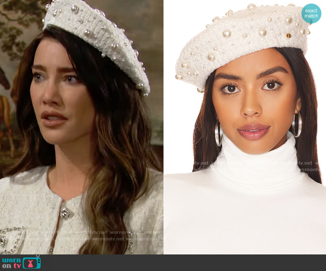 Lele Sadoughi Bridget Pearl Beret worn by Steffy Forrester (Jacqueline MacInnes Wood) on The Bold and the Beautiful