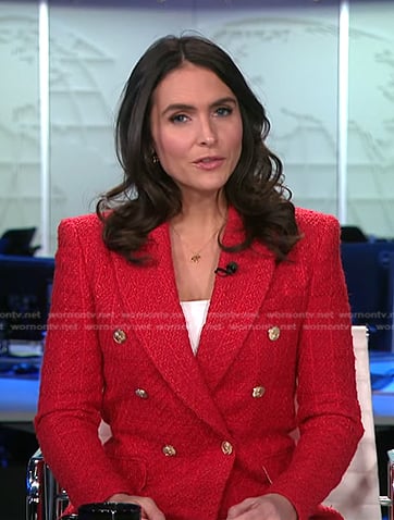 Lilia Luciano’s red tweed blazer on CBS Evening News