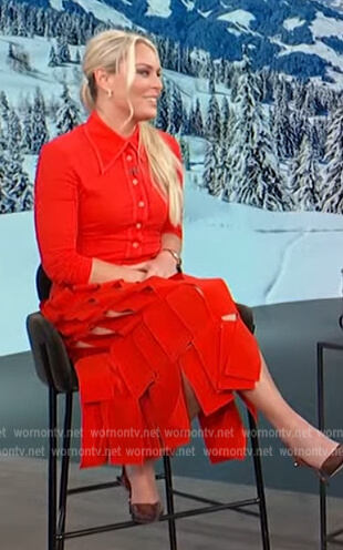Lindsey Vonn's red button down shirt and skirt on Access Daily