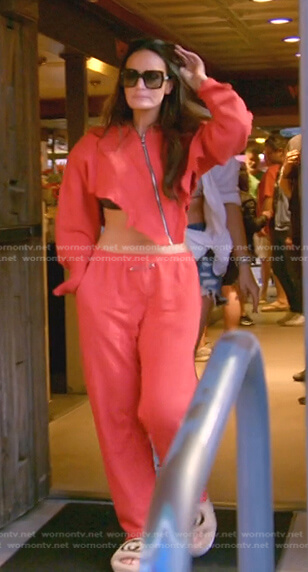 Lisa's red asymmetric hoodie and sweatpants on The Real Housewives of Salt Lake City