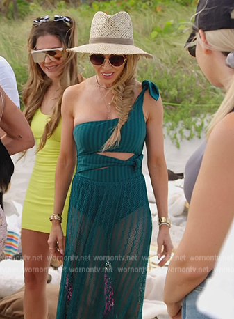 Lisa’s teal one shoulder teal dress on The Real Housewives of Miami