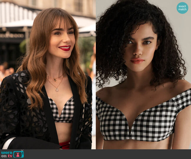 Livy Eclipse Soft Bandeau Check Print Top worn by Emily Cooper (Lily Collins) on Emily in Paris