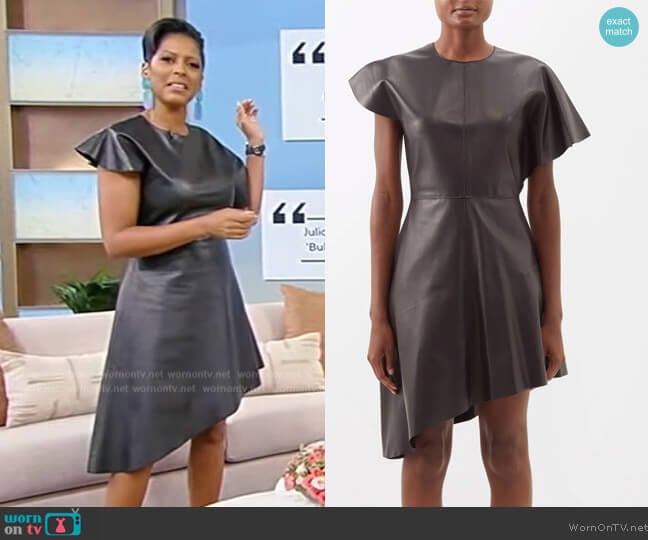 Loewe Asymmetric leather mini dress worn by Tamron Hall on Tamron Hall Show