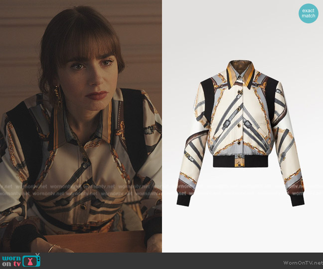 Louis Vuitton Scarf Print Reversible Bomber Jacket worn by Emily Cooper (Lily Collins) on Emily in Paris