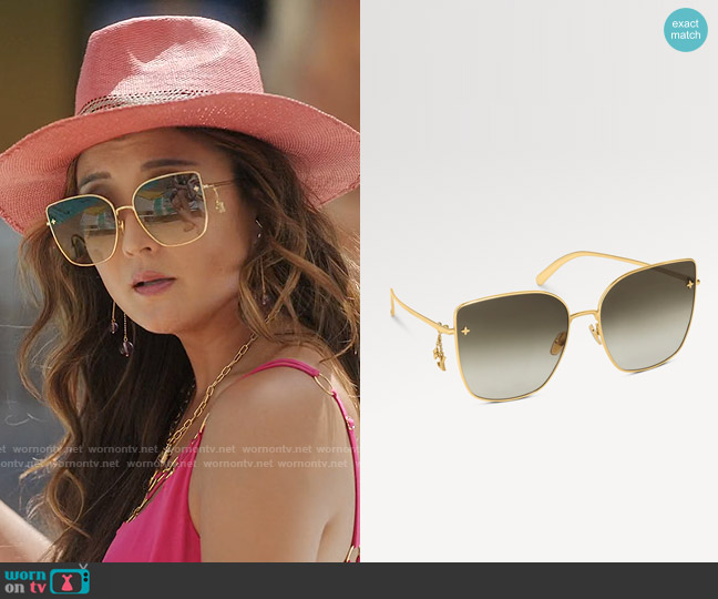 Louis Vuitton LV Charm Cat Eye Sunglasses in Gold worn by Mindy Chen (Ashley Park) on Emily in Paris