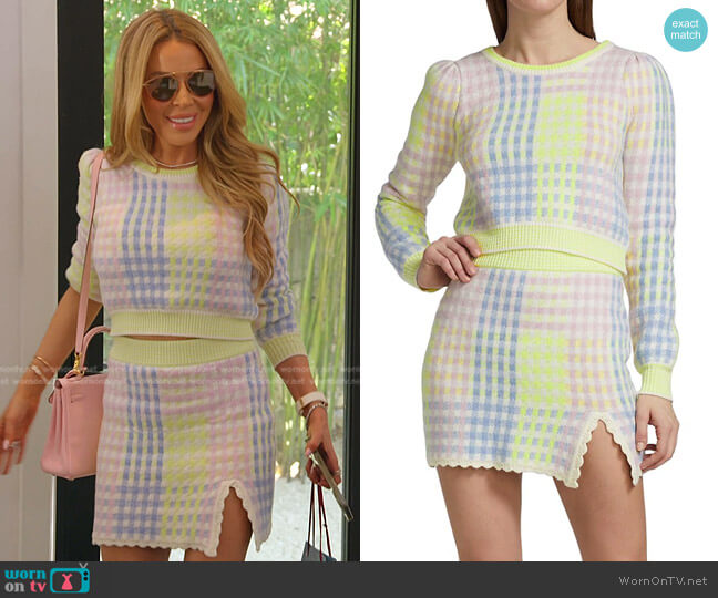 LoveShackFancy Dolana Cropped Checked Knitted Sweater and Skirt worn by Lisa Hochstein (Lisa Hochstein) on The Real Housewives of Miami