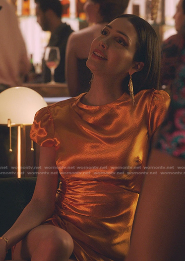 Luna's orange satin ruched dress on Gossip Girl