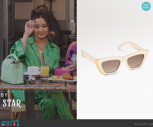 Sunglasses: Moon Cat Eye Sunglasses by Louis Vuitton worn by Mindy Chen (Ashley Park) on Emily in Paris