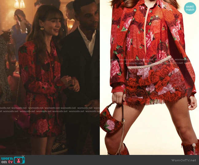 Magda Butrym Floral Beaded Miniskirt worn by Emily Cooper (Lily Collins) on Emily in Paris