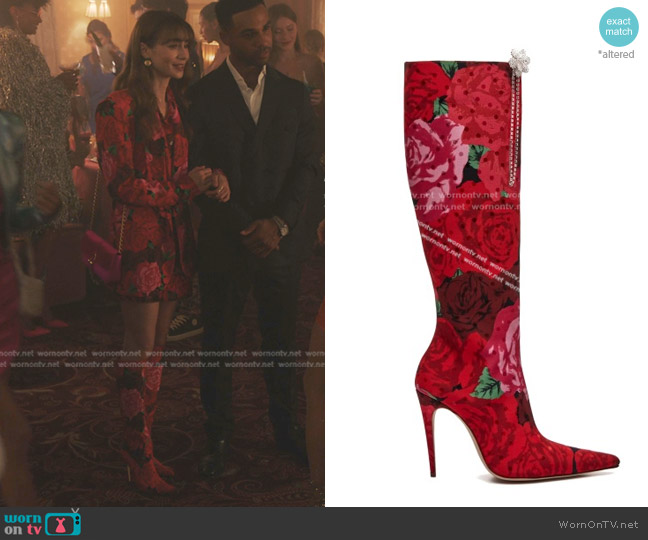 Magda Butrym Floral Print Boots worn by Emily Cooper (Lily Collins) on Emily in Paris