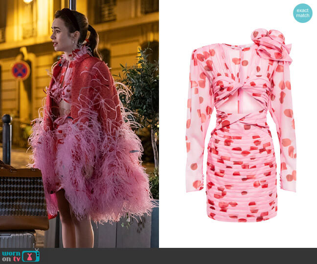 Magda Butrym Printed cutout georgette minidress worn by Emily Cooper (Lily Collins) on Emily in Paris
