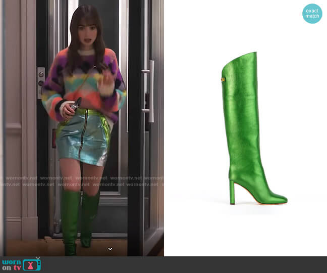 Maison Skorpios Adriana Boot in Green worn by Emily Cooper (Lily Collins) on Emily in Paris