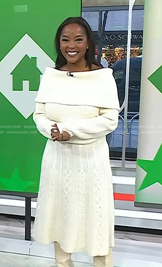 Makho’s white off-shoulder sweater and skirt on Today