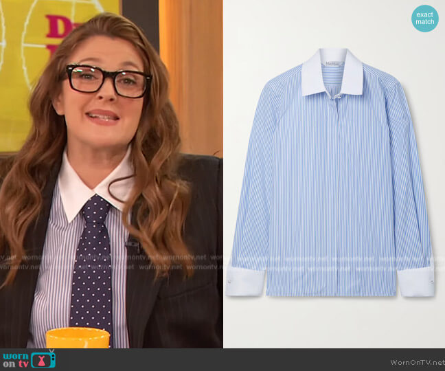 Max Mara Pinstriped cotton-poplin shirt worn by Drew Barrymore on The Drew Barrymore Show