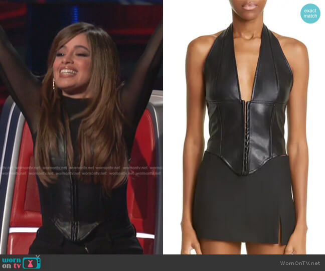 Miaou Mara Faux Leather Corset Halter Top worn by Camila Cabello on The Voice