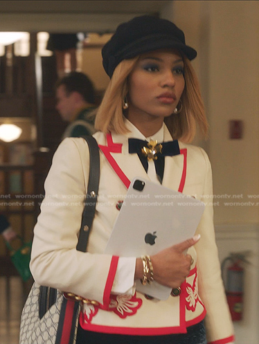 Monet’s white blazer with red contrast piping on Gossip Girl