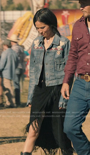 Monica's embroidered denim jacket and fringed suede skirt on Yellowstone