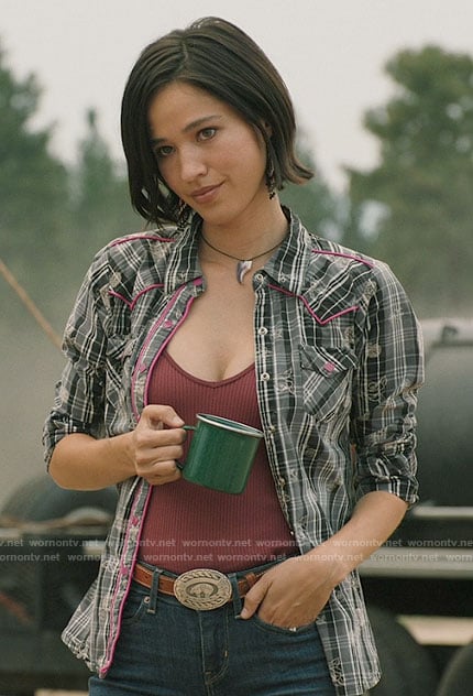 Monica's plaid shirt with pink trims on Yellowstone