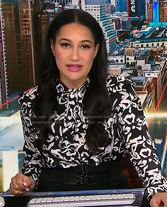 Morgan’s black print tie neck blouse on NBC News Daily