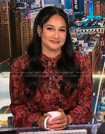 Morgan’s pink floral tie neck blouse on NBC News Daily