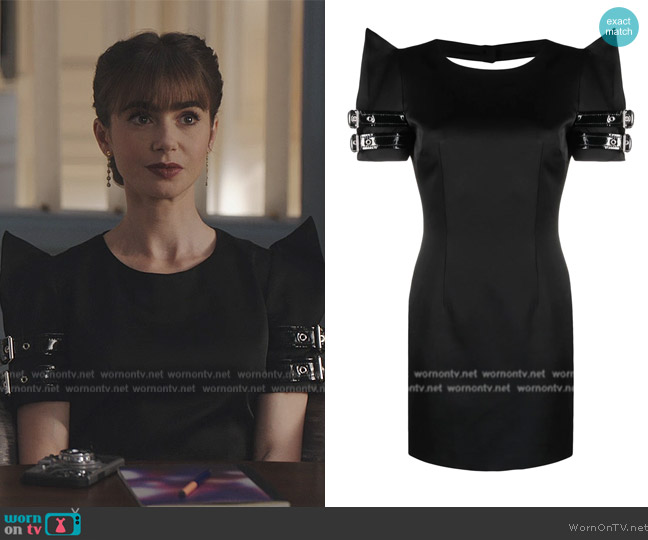 Moschino Buckle-trim pointed-shoulder mini dress worn by Emily Cooper (Lily Collins) on Emily in Paris