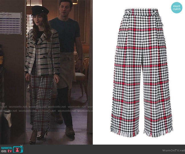 MSGM Wide Leg Houndstooth Pants worn by Emily Cooper (Lily Collins) on Emily in Paris