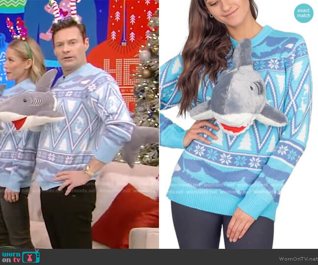 Ugly Christmas Sweater 3D Shark Plushie Ugly Christmas Sweater worn by Ryan Seacrest on Live with Kelly and Ryan