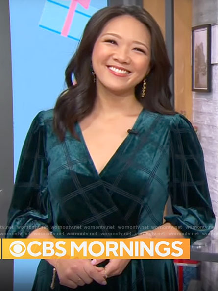 Nancy Chen's green velvet wrap dress on CBS Mornings