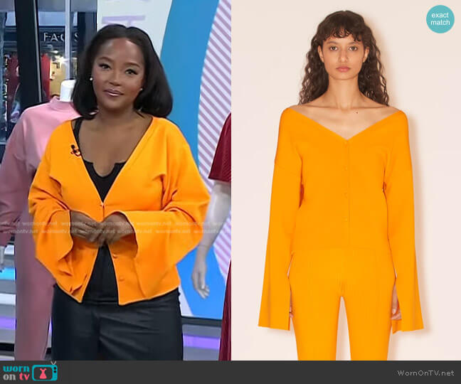 Nanushka Mari Cardigan in Bright Orange worn by Makho Ndlovu on Today