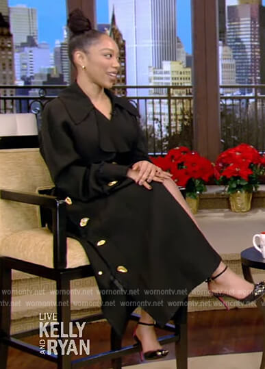 Naomi Ackie’s black gold button coat on Live with Kelly and Ryan