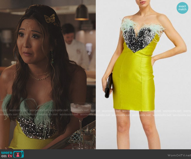 Nervi Feather-Trimmed Lilu Dress worn by Mindy Chen (Ashley Park) on Emily in Paris