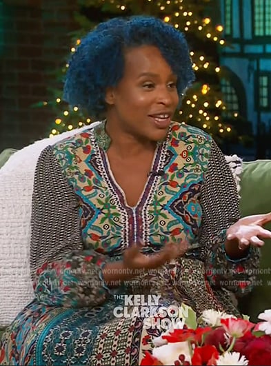 Nicola Yoon's embroidered maxi dress on The Kelly Clarkson Show