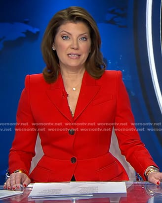 Norah’s red peplum blazer on CBS Evening News