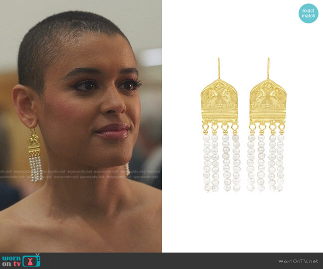 Ottoman Hands Maia Beaded Pearl Drop Earrings worn by Julien Calloway (Jordan Alexander) on Gossip Girl