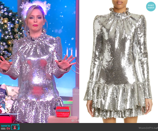 Paco Rabanne Sequin Mock Neck Flare Cuff Long Sleeve Minidress worn by Sara Haines on The View