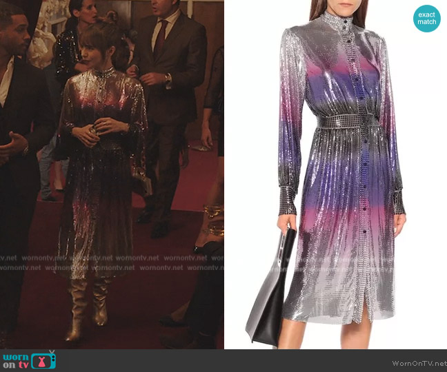 Paco Rabanne Gradient Chain Mail Midi Dress worn by Emily Cooper (Lily Collins) on Emily in Paris