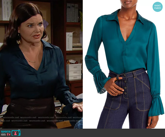 Paige Abriana Flare Cuff Shirt in Midnight Cyan worn by Katie Logan (Heather Tom) on The Bold and the Beautiful