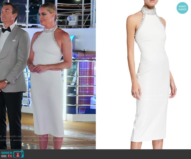 Pamella Roland Embellished Halter-Neck Crepe Sheath Dress worn by Rebecca Romijn on The Real Love Boat