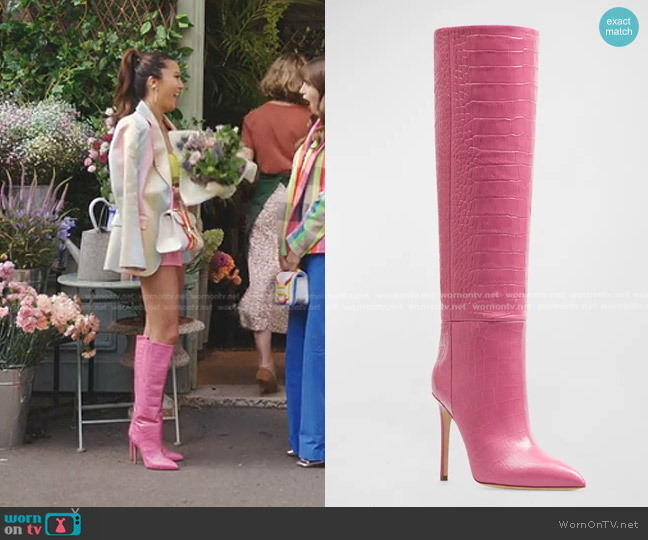 Paris Texas Croco Stiletto Knee Boots worn by Mindy Chen (Ashley Park) on Emily in Paris