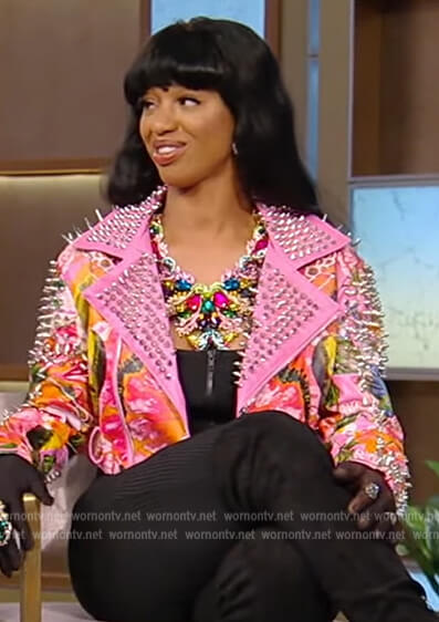 The Womack Sister's pink floral studded moto jacket on Tamron Hall Show