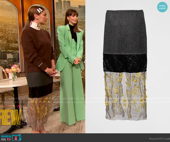 Prada Mixed-Media Embellished Midi Skirt worn by Camille Razat on The Drew Barrymore Show