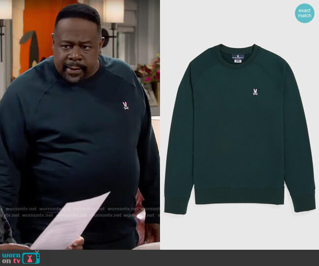 Psycho Bunny French Terry Raglan Sweatshirt in Forest Green worn by Calvin (Cedric The Entertainer) on The Neighborhood