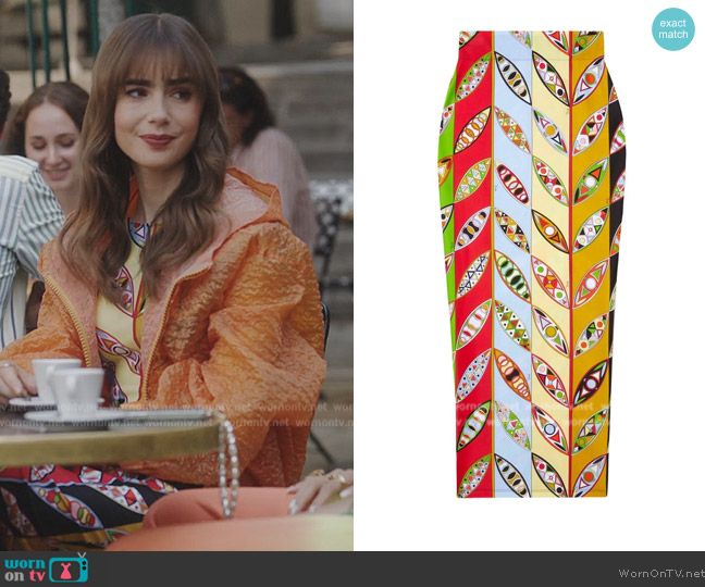 Pucci Girandole print pencil skirt worn by Emily Cooper (Lily Collins) on Emily in Paris