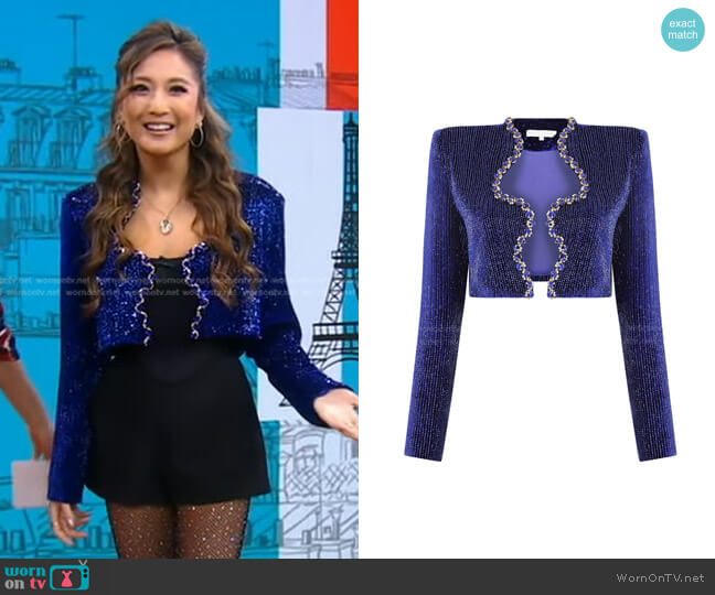 Raisa Vanessa Hand Made Crystal Embellished Silk Velvet Crop Jacket worn by Ashley Park on Good Morning America