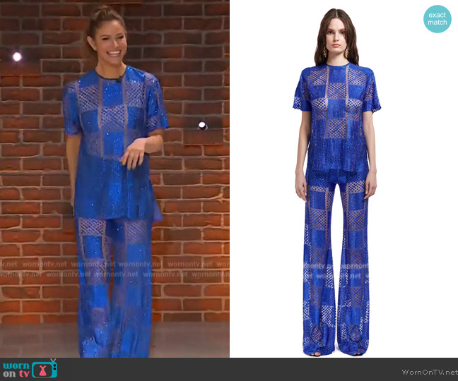 Raisa Vanessa Square Patterned Crystal Embellished Lace Shirt worn by Andrea Savage on The Kelly Clarkson Show