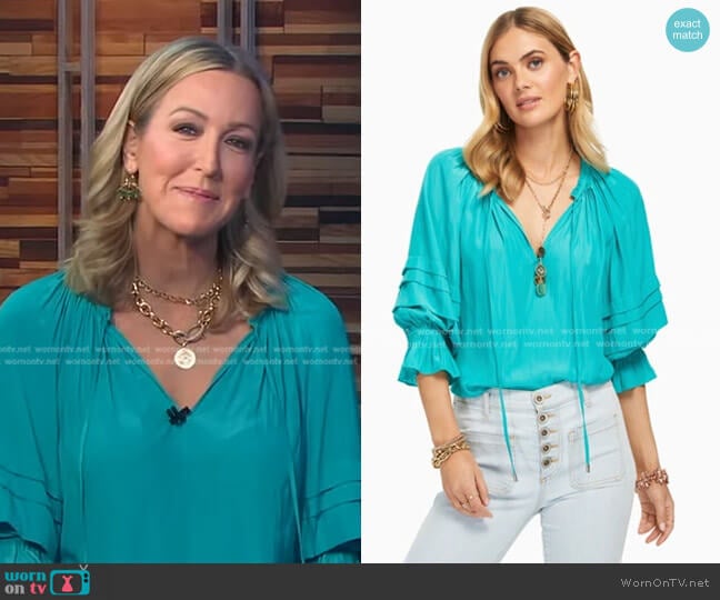 WornOnTV: Lara’s green tie neck blouse on Good Morning America | Lara