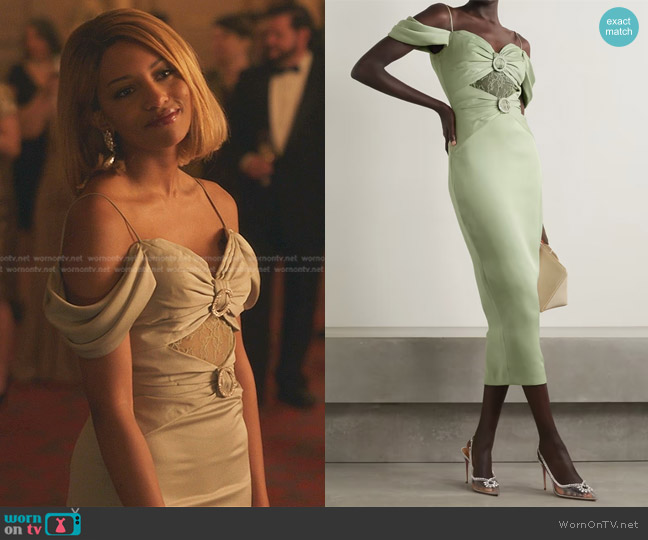 Rasario Off-the-Shoulder Embellished Lace-Paneled Midi Dress worn by Monet de Haan (Savannah Lee Smith) on Gossip Girl